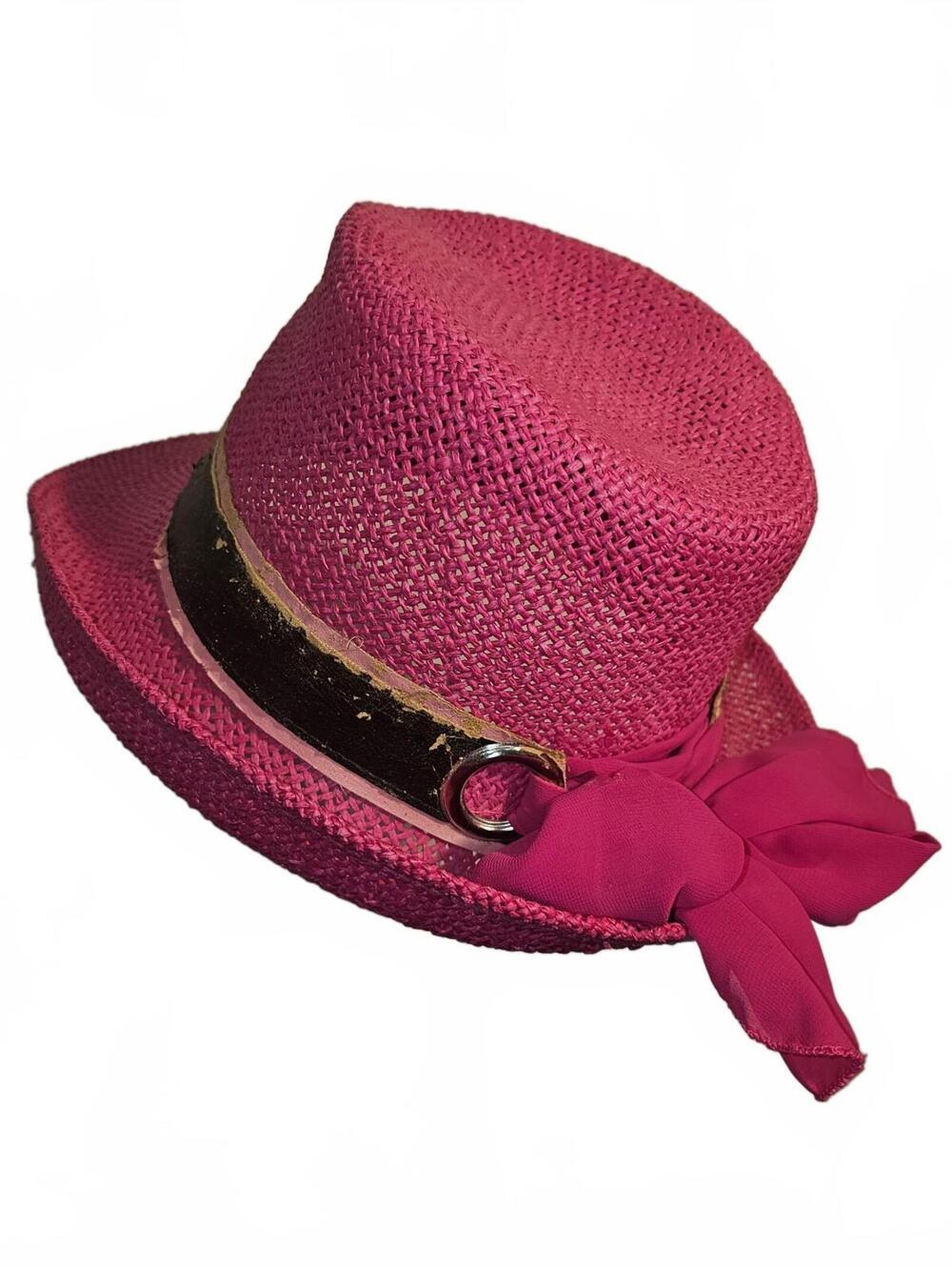 Pink woven fedora hat with bow